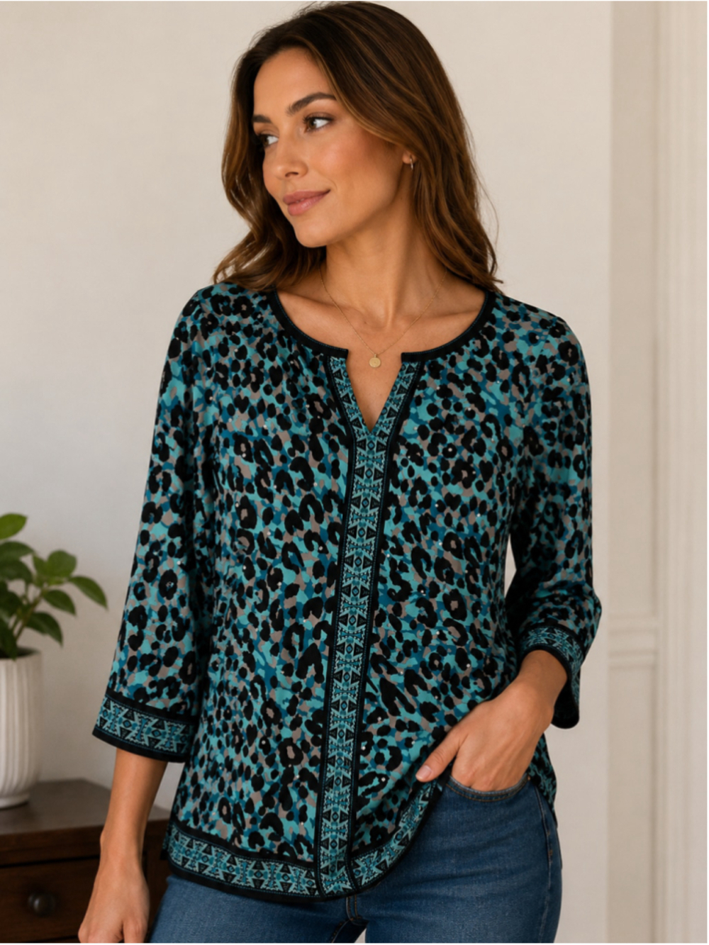 INC International Concepts Embellished Leopard Print 3/4 Sleeve Blouse Size S